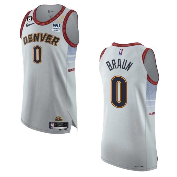 denver nuggets #0 christian braun silver 2024 nba finals champions authentic youth jersey - city edition