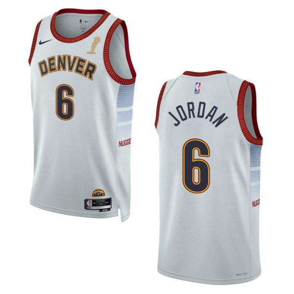 personalized Denver Nuggets #6 DeAndre Jordan Unisex Silver 2024 NBA Finals Champions Swingman Jersey - City Edition