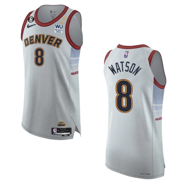 cheap Denver Nuggets #8 Peyton Watson Silver 2024 NBA Finals Champions Authentic Jersey - City Edition