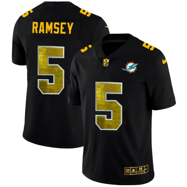 Miami Dolphins #5 Jalen Ramsey Men's Black Golden Sequin Vapor Limited NFL Jersey