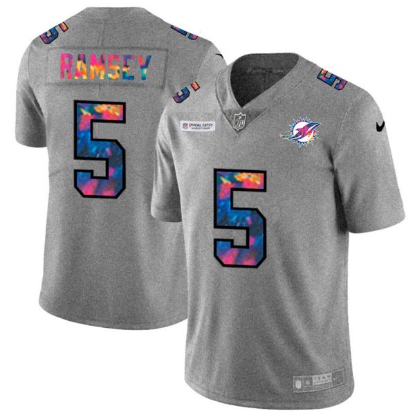 wholesale Miami Dolphins #5 Jalen Ramsey Men's Multi-Color 2024 NFL Crucial Catch NFL Jersey Greyheather