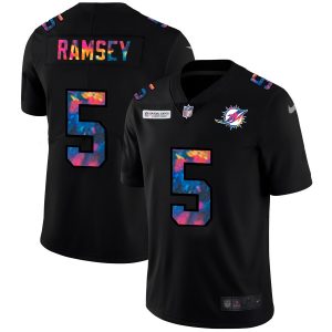 miami dolphins #5 jalen ramsey men's multi-color black 2024 nfl crucial catch vapor untouchable limited personalized jersey