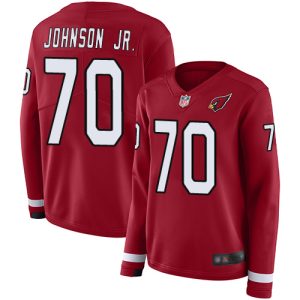 limited Cardinals #70 Paris Johnson Jr. Red Team Color Women's Stitched NFL Limited Therma Long Sleeve Jersey