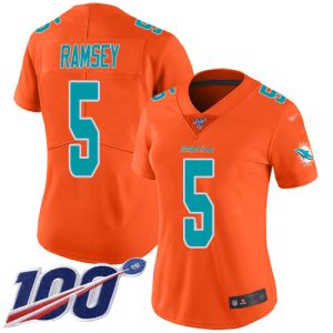 Dolphins #5 Jalen Ramsey Orange Women's Stitched NFL Limited Inverted Legend 100th Season Jersey