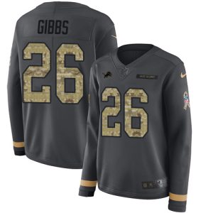 Lions #26 Jahmyr Gibbs Anthracite Salute to Service Women's Stitched NFL Limited Therma Long Sleeve Jersey