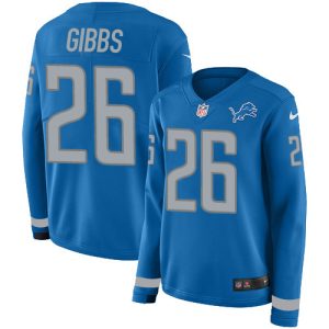 Lions #26 Jahmyr Gibbs Blue Team Color Women's Stitched NFL Limited Therma Long Sleeve Jersey