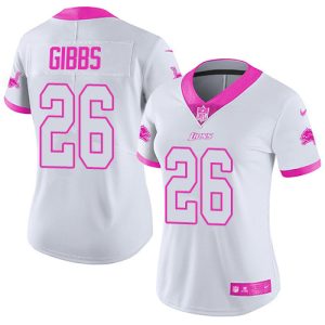 lions #26 jahmyr gibbs white/pink women's stitched nfl limited rush fashion custom jersey