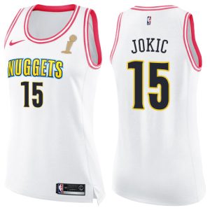 Nuggets #15 Nikola Jokic White/Pink Women's 2024 NBA Finals Champions Swingman Fashion Jersey