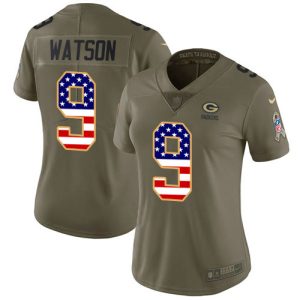 Packers #9 Christian Watson Olive/USA Flag Women's Stitched NFL Limited 2024 Salute To Service Jersey