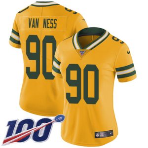 Packers #90 Lukas Van Ness Yellow Women's 100th Season Stitched NFL Limited Rush Jersey