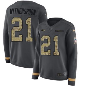 Seahawks #21 Devon Witherspoon Anthracite Salute to Service Women's Stitched NFL Limited Therma Long Sleeve Jersey