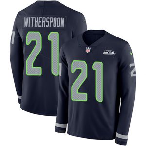 seahawks #21 devon witherspoon steel blue team color men's stitched nfl limited therma long sleeve personalized jersey