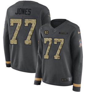 Steelers #77 Broderick Jones Anthracite Salute to Service Women's Stitched NFL Limited Therma Long Sleeve Jersey