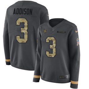 vikings #3 jordan addison anthracite salute to service women's stitched nfl limited therma long sleeve replica jersey