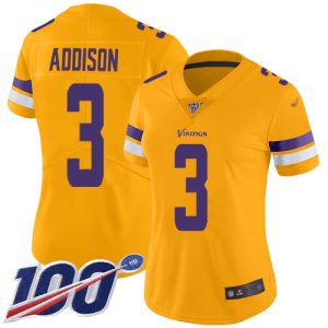 Vikings #3 Jordan Addison Gold Women's Stitched NFL Limited Inverted Legend 100th Season Jersey