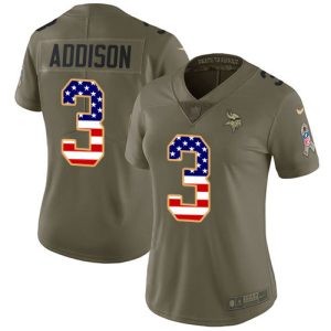 cheap Vikings #3 Jordan Addison Olive/USA Flag Women's Stitched NFL Limited 2024 Salute To Service Jersey