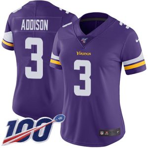 Vikings #3 Jordan Addison Purple Team Color Women's Stitched NFL 100th Season Vapor Untouchable Limited Jersey