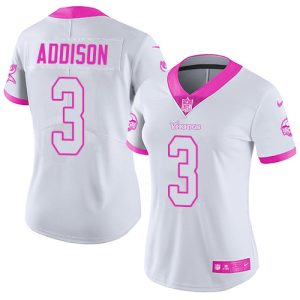 vikings #3 jordan addison white/pink women's stitched nfl limited rush fashion limited jersey