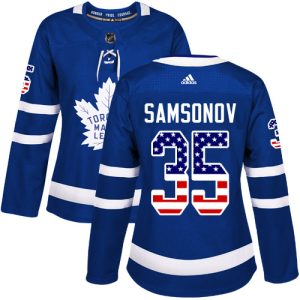 Adidas Maple Leafs #35 Ilya Samsonov Blue Home Authentic USA Flag Women's Stitched NHL Jersey