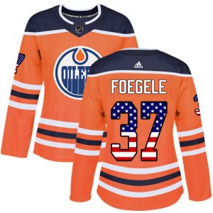 Adidas Oilers #37 Warren Foegele Orange Home Authentic USA Flag Women's Stitched NHL Jersey