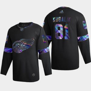 custom Adidas Red Wings #81 Dominik Kubalik Men's Iridescent Holographic Collection NHL Jersey - Black