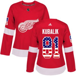 cheap Adidas Red Wings #81 Dominik Kubalik Red Home Authentic USA Flag Women's Stitched NHL Jersey