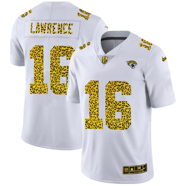 customized Jacksonville Jaguars #16 Trevor Lawrence Men's Flocked Leopard Print Vapor Limited NFL Jersey White