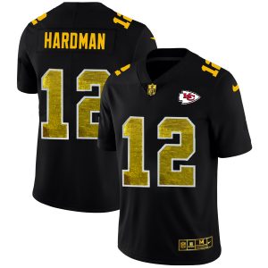 kansas city chiefs #12 mecole hardman men's black golden sequin vapor limited nfl replica jersey