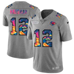 kansas city chiefs #12 mecole hardman men's multi-color 2020 nfl crucial catch nfl personalized jersey greyheather