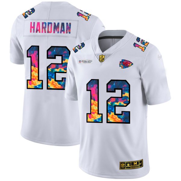 kansas city chiefs #12 mecole hardman men's white multi-color 2020 nfl crucial catch limited nfl customized jersey