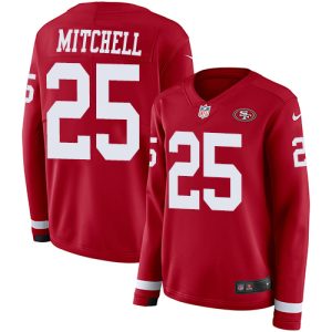 replica 49ers #25 Elijah Mitchell Red Team Color Women's Stitched NFL Limited Therma Long Sleeve Jersey