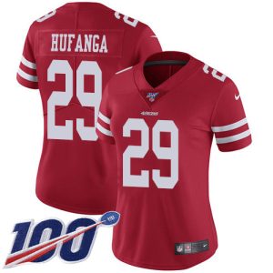 49ers #29 Talanoa Hufanga Red Team Color Women's Stitched NFL 100th Season Vapor Limited Jersey