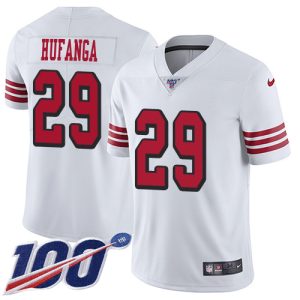 49ers #29 talanoa hufanga white rush men's stitched nfl limited 100th season wholesale jersey