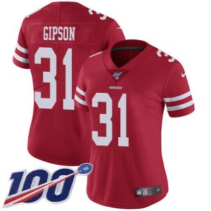 49ers #31 Tashaun Gipson Red Team Color Women's Stitched NFL 100th Season Vapor Limited Jersey