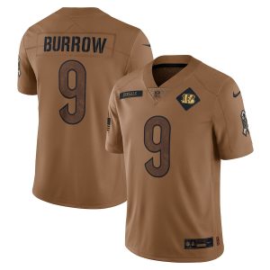 elite Bengals #9 Joe Burrow Men's 2023 Salute To Service Limited Jersey - Brown