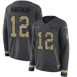 wholesale Chiefs #12 Mecole Hardman Anthracite Salute to Service Women's Stitched NFL Limited Therma Long Sleeve Jersey