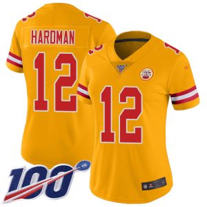 custom Chiefs #12 Mecole Hardman Gold Women's Stitched NFL Limited Inverted Legend 100th Season Jersey