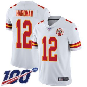 chiefs #12 mecole hardman white youth stitched nfl 100th season vapor limited custom jersey