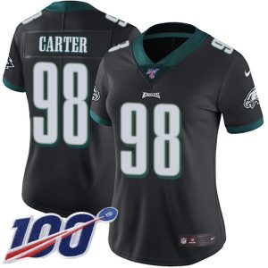 custom Eagles #98 Jalen Carter Black Alternate Women's Stitched NFL 100th Season Vapor Untouchable Limited Jersey