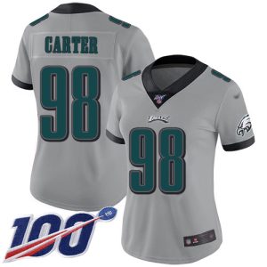 cheap Eagles #98 Jalen Carter Silver Women's Stitched NFL Limited Inverted Legend 100th Season Jersey