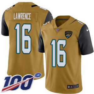 jaguars #16 trevor lawrence gold men's stitched nfl limited rush 100th season cheap jersey