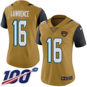 wholesale Jaguars #16 Trevor Lawrence Gold Women's Stitched NFL Limited Rush 100th Season Jersey