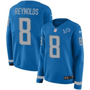 Lions #8 Josh Reynolds Blue Team Color Women's Stitched NFL Limited Therma Long Sleeve Jersey