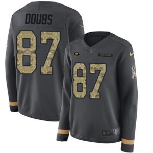 Packers #87 Romeo Doubs Anthracite Salute to Service Women's Stitched NFL Limited Therma Long Sleeve Jersey