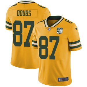 custom Packers #87 Romeo Doubs Yellow Youth 100th Season Stitched NFL Limited Rush Jersey