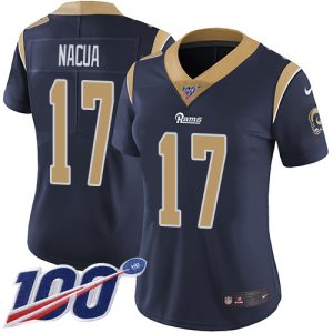 customized Rams #17 Puka Nacua Navy Blue Team Color Women's Stitched NFL 100th Season Vapor Limited Jersey