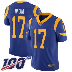 wholesale Rams #17 Puka Nacua Royal Blue Alternate Men's Stitched NFL 100th Season Vapor Limited Jersey