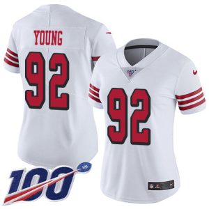 custom 49ers #92 Chase Young White Rush Women's Stitched NFL Limited 100th Season Jersey