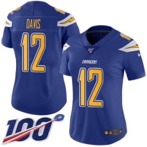 custom Chargers #12 Derius Davis Electric Blue Women's Stitched NFL Limited Rush 100th Season Jersey