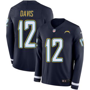 wholesale Chargers #12 Derius Davis Navy Blue Team Color Men's Stitched NFL Limited Therma Long Sleeve Jersey